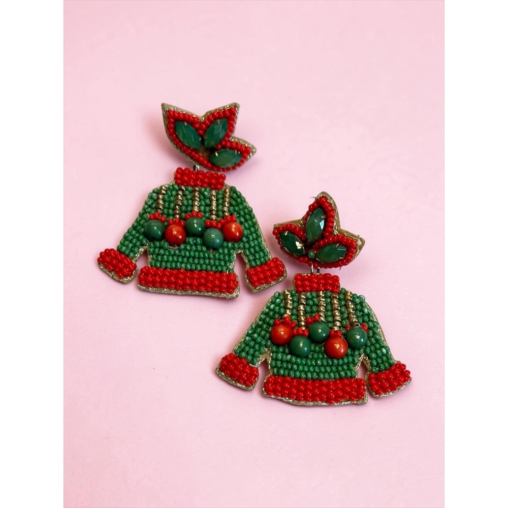 Ugly Sweater Beaded Holiday Drop Earrings 2.5" Green Red